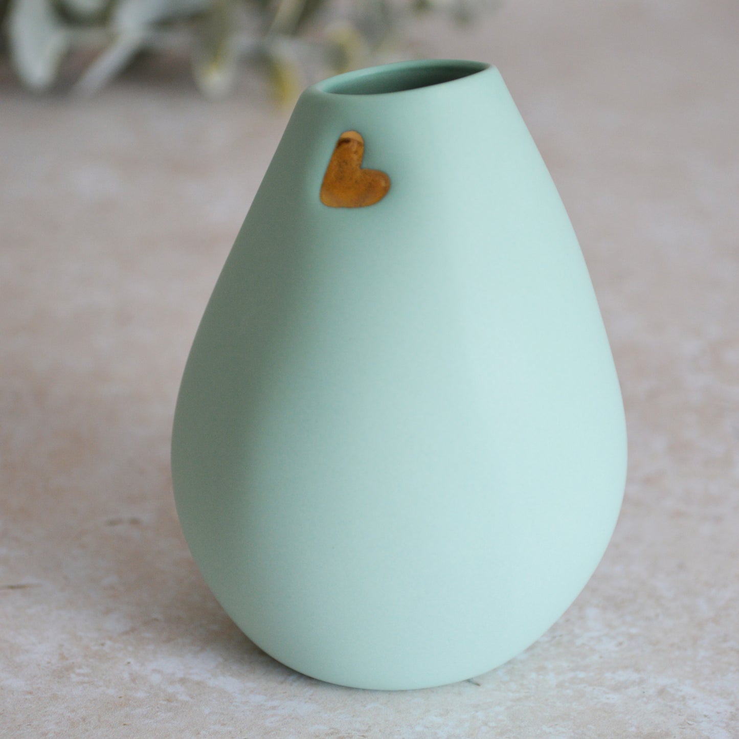 Seconds* Pastel Mint Bud Vase With An Embossed Gold Heart | Spring Vase | Mother's Day Gifts | Porcelain (A17)