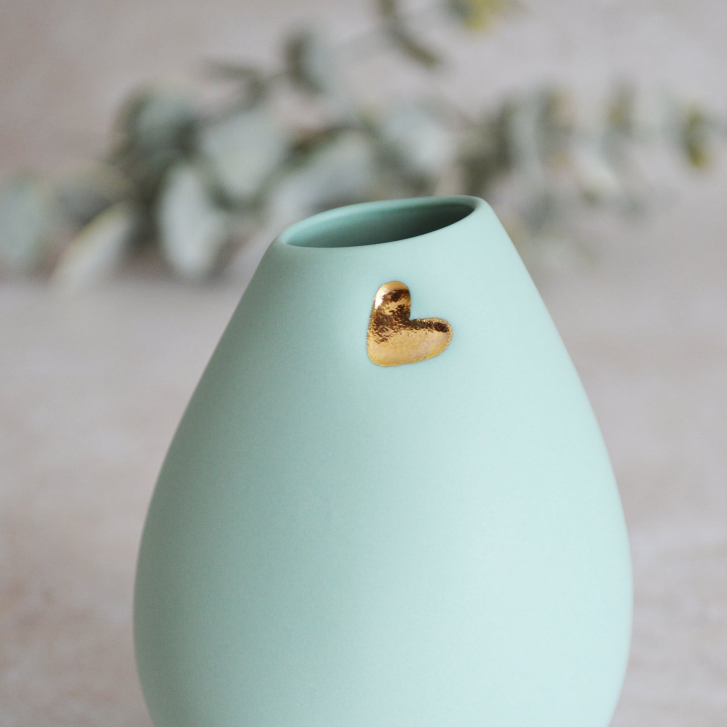 Seconds* Pastel Mint Bud Vase With An Embossed Gold Heart | Spring Vase | Mother's Day Gifts | Porcelain (A17)