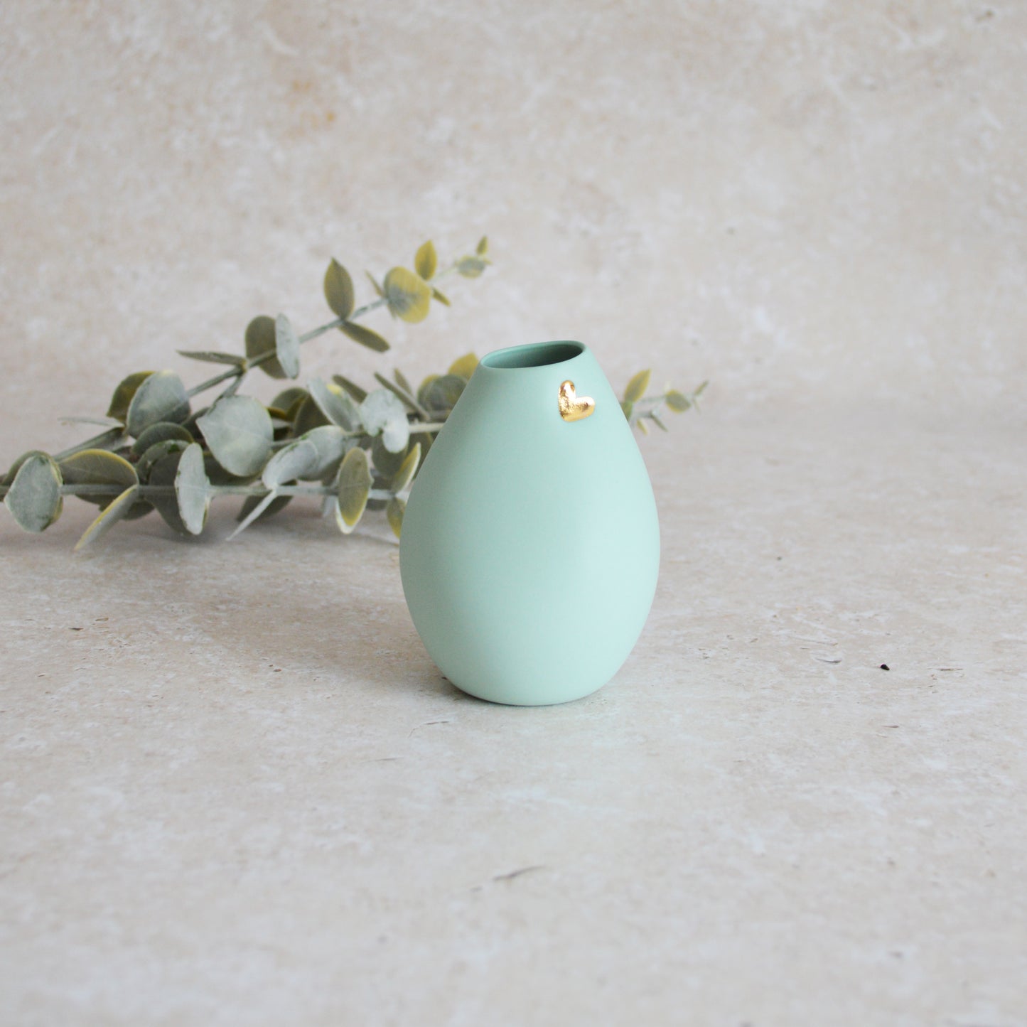 Seconds* Pastel Mint Bud Vase With An Embossed Gold Heart | Spring Vase | Mother's Day Gifts | Porcelain (A17)