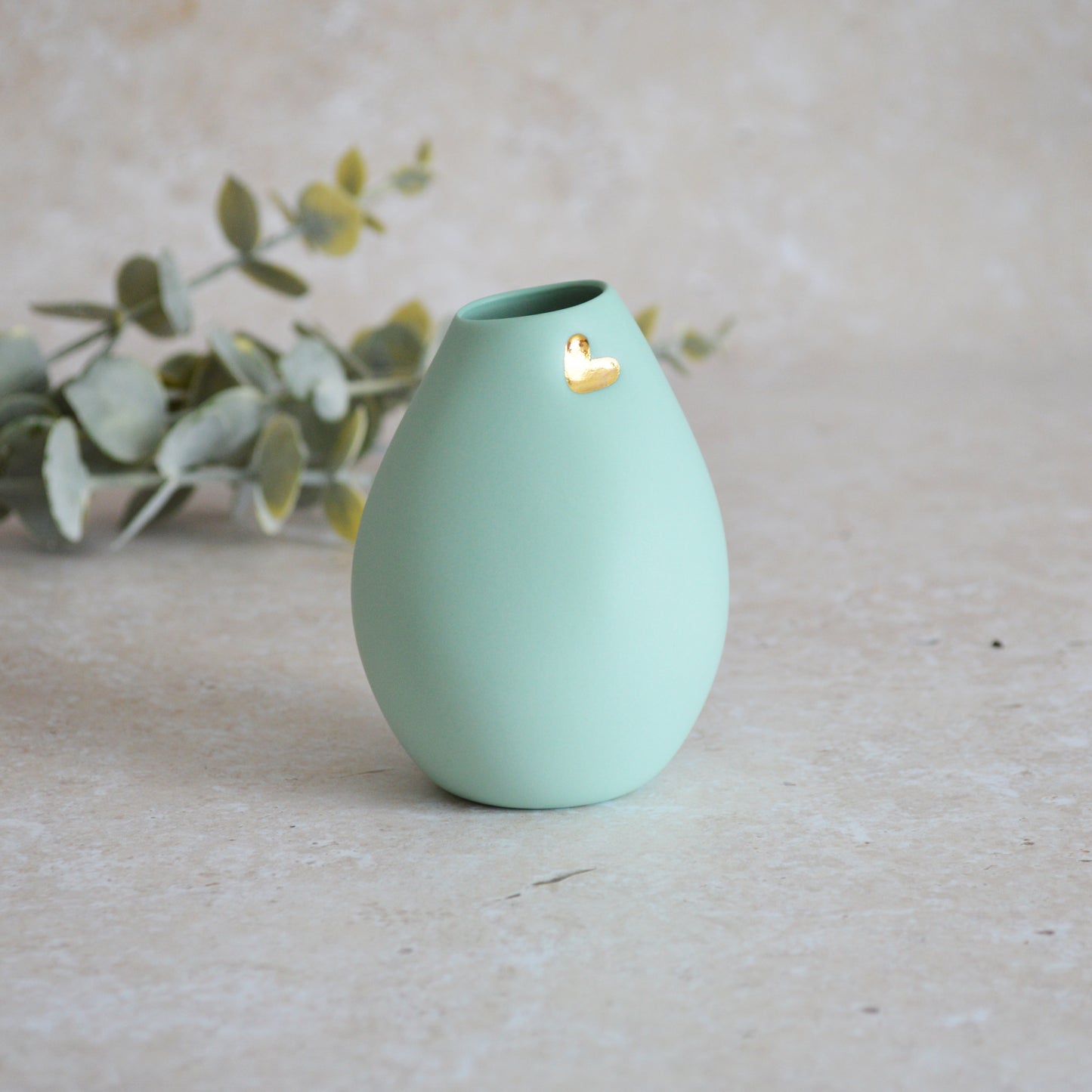 Seconds* Pastel Mint Bud Vase With An Embossed Gold Heart | Spring Vase | Mother's Day Gifts | Porcelain (A17)