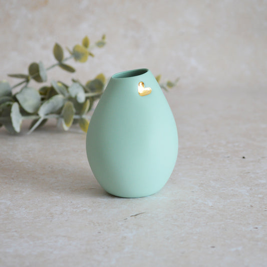 Seconds* Pastel Mint Bud Vase With An Embossed Gold Heart | Spring Vase | Mother's Day Gifts | Porcelain (A17)