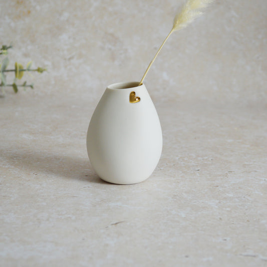 Seconds* Small White Bud Vase with an Embossed Gold Heart | Porcelain | Flower Vase | Mother's Day Vase (A19)