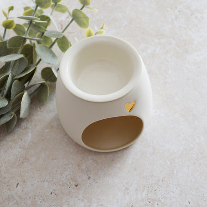 Seconds* WHITE Wax And Oil Burner With A Gold Embossed Heart And Detachable Lid | Wax Burner | Porcelain (A1)