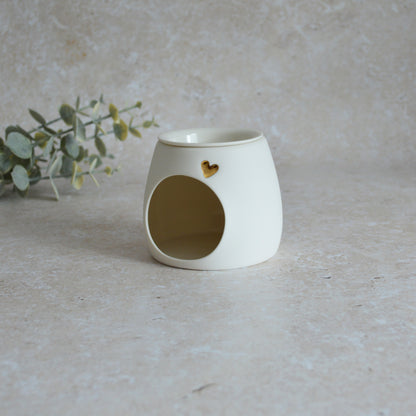 Seconds* WHITE Wax And Oil Burner With A Gold Embossed Heart And Detachable Lid | Wax Burner | Porcelain (A1)