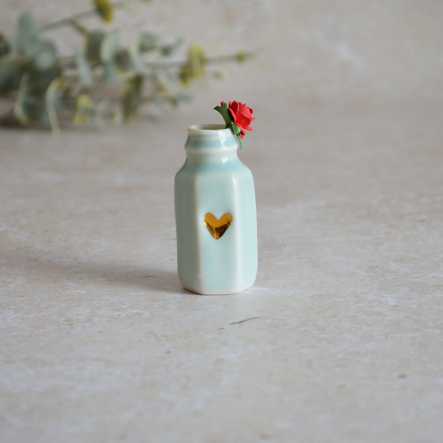 Seconds* Discontinued* Small Glazed Bottle with an Embossed Gold Heart and a Paper Red Rose (A20)
