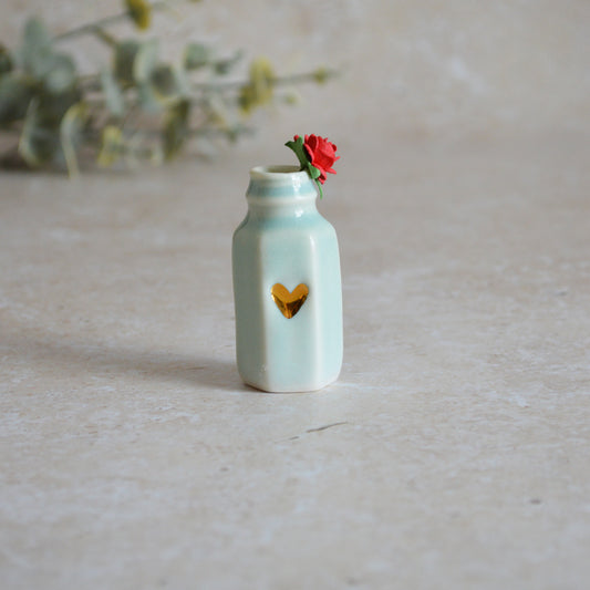 Seconds* Discontinued* Small Glazed Bottle with an Embossed Gold Heart and a Paper Red Rose (A20)