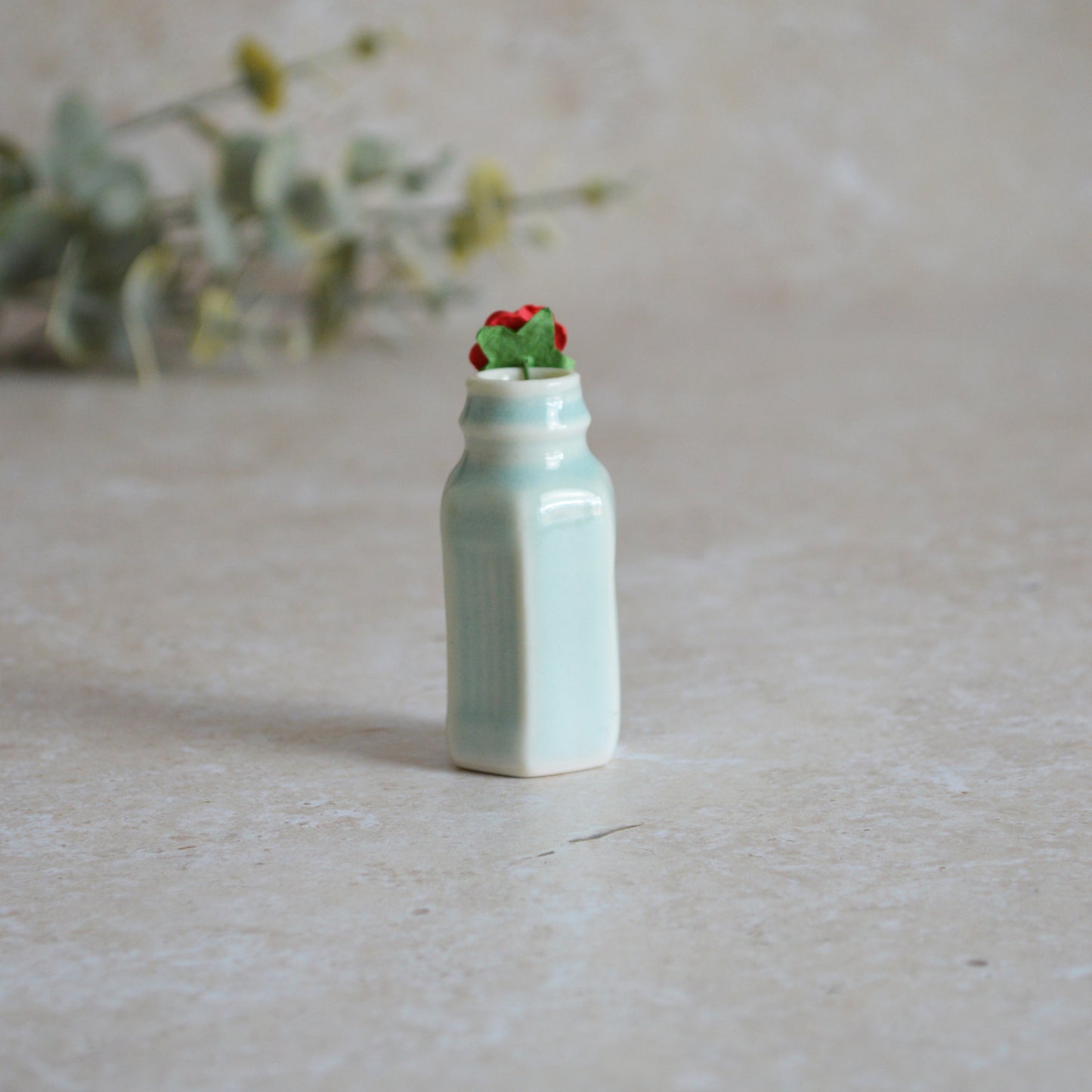 Seconds* Discontinued* Small Glazed Bottle with an Embossed Gold Heart and a Paper Red Rose (A20)