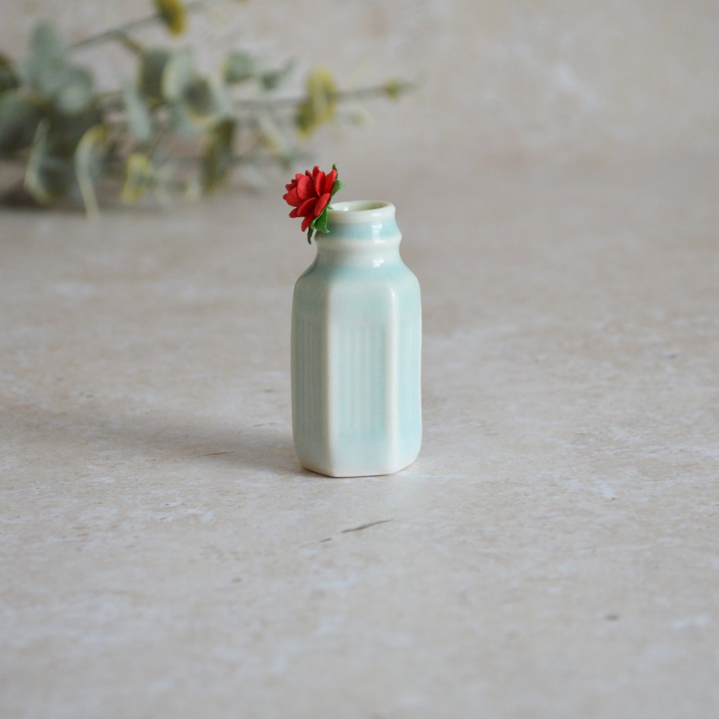 Seconds* Discontinued* Small Glazed Bottle with an Embossed Gold Heart and a Paper Red Rose (A20)