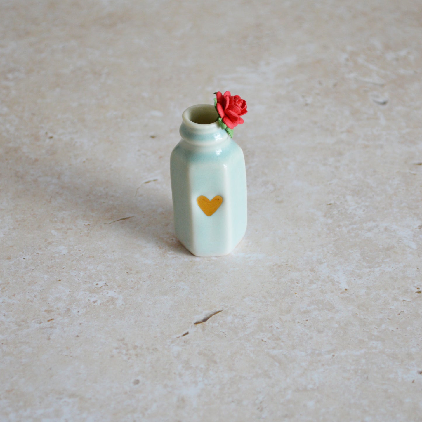 Seconds* Discontinued* Small Glazed Bottle with an Embossed Gold Heart and a Paper Red Rose (A20)