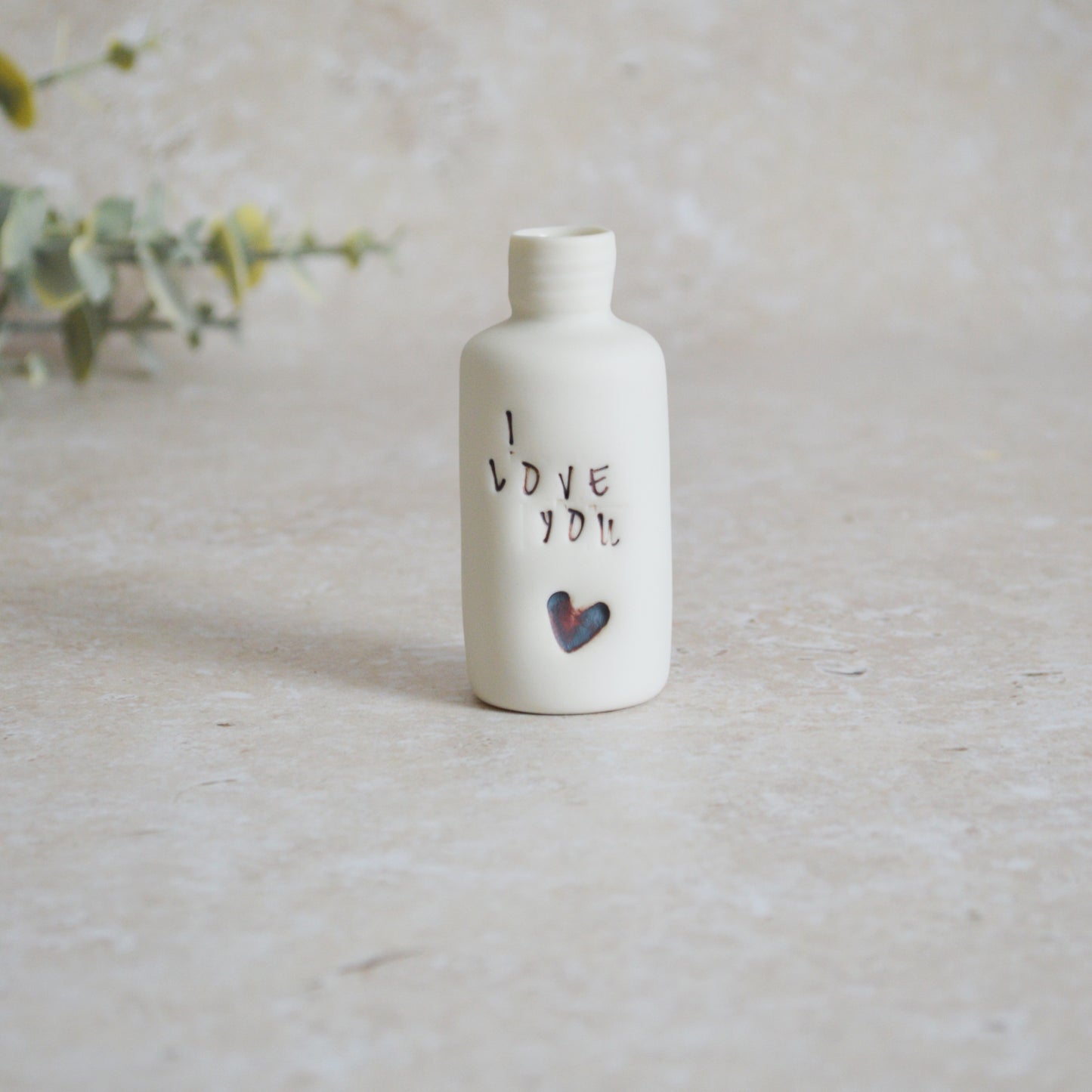 Seconds* Discontinued* I Love You Small Bottle With an Oxide Heart | Porcelain | Valentines Keepsake (A21)