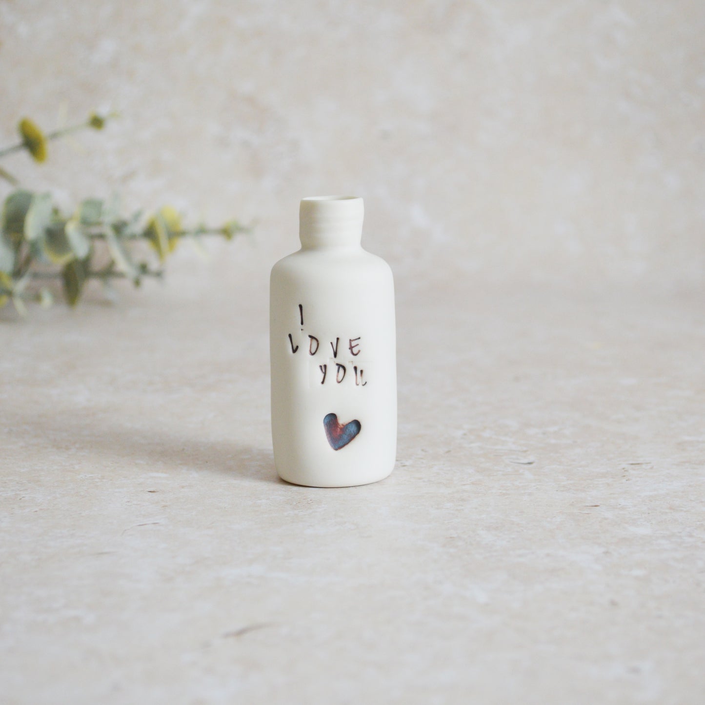 Seconds* Discontinued* I Love You Small Bottle With an Oxide Heart | Porcelain | Valentines Keepsake (A21)