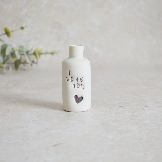 Seconds* Discontinued* I Love You Small Bottle With an Oxide Heart | Porcelain | Valentines Keepsake (A21)