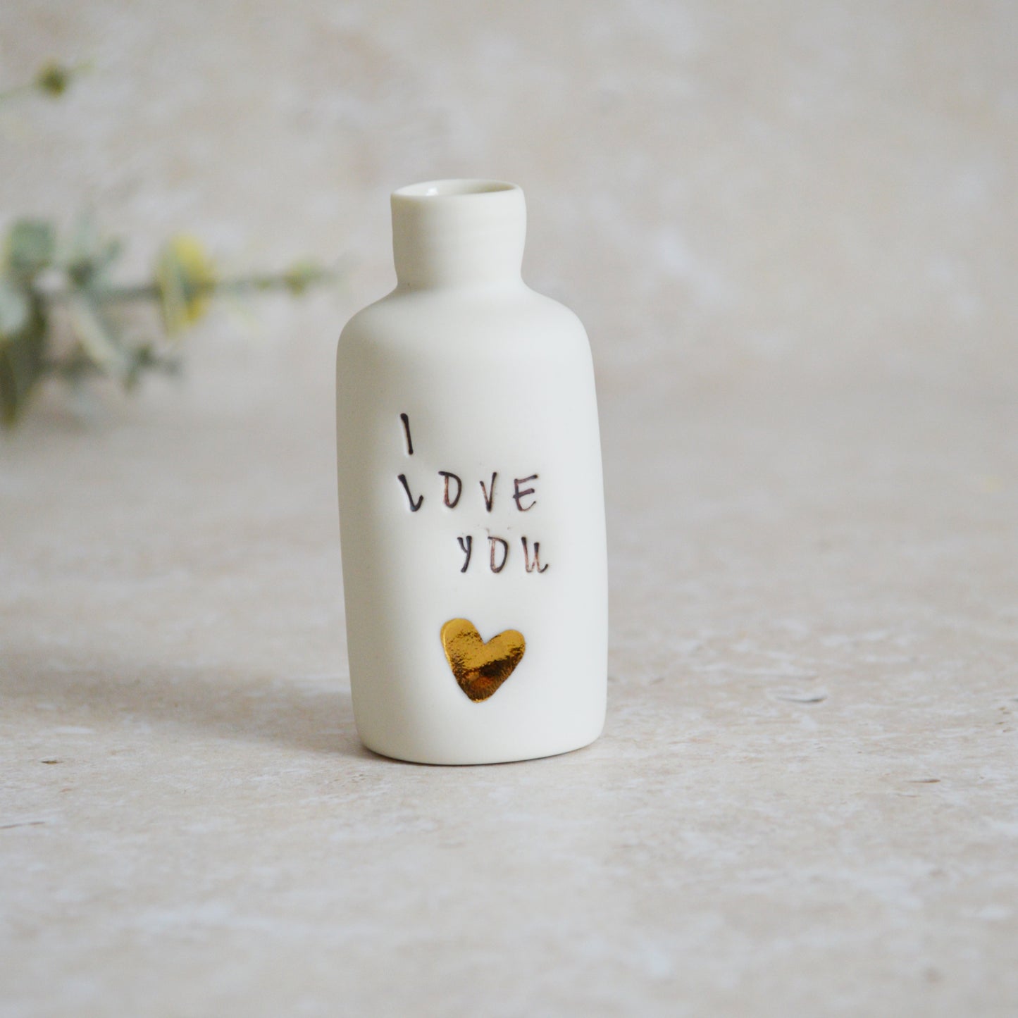 Seconds* Discontinued* I Love You Small Bottle With A Gold Heart | Porcelain | Valentines Keepsake (A22)