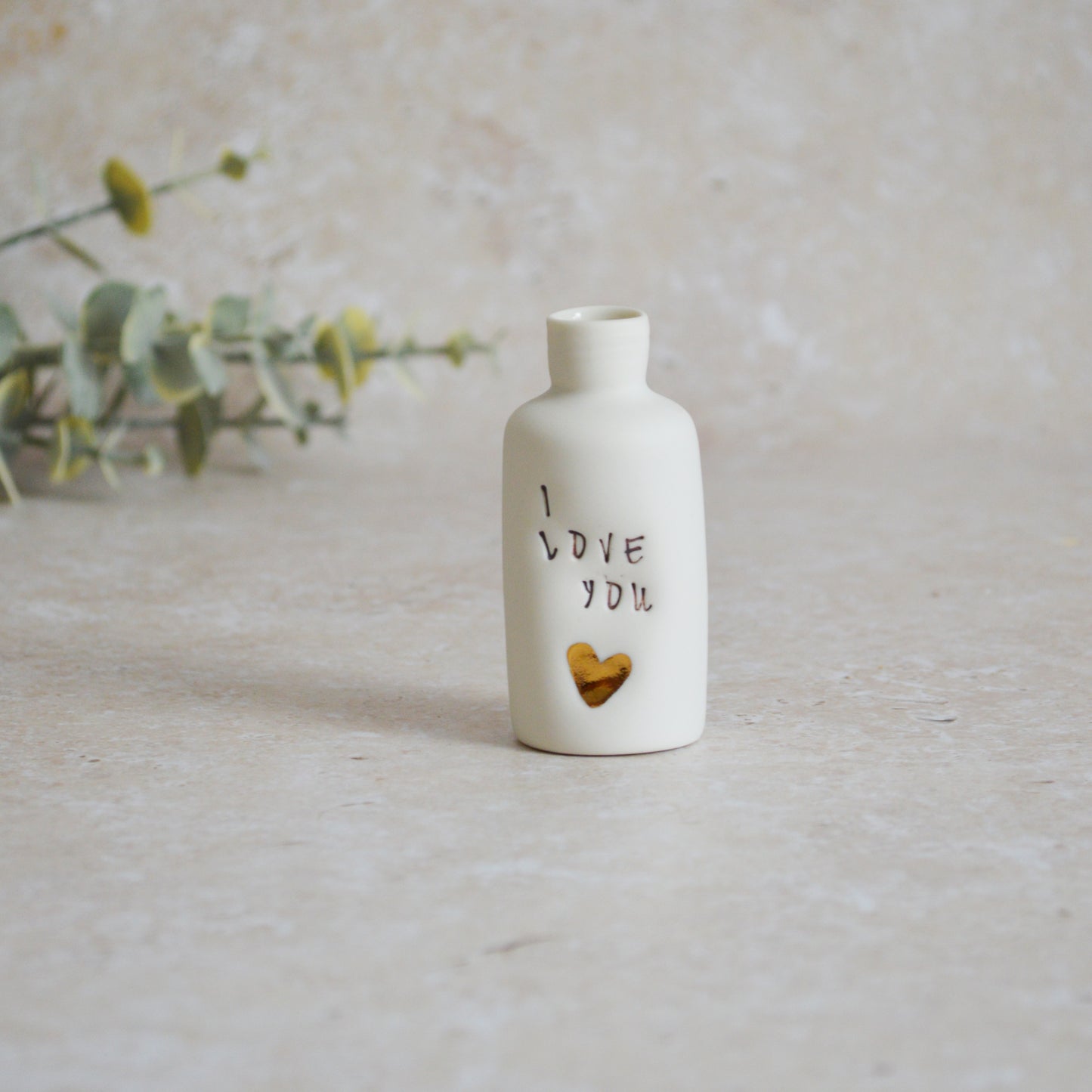 Seconds* Discontinued* I Love You Small Bottle With A Gold Heart | Porcelain | Valentines Keepsake (A22)