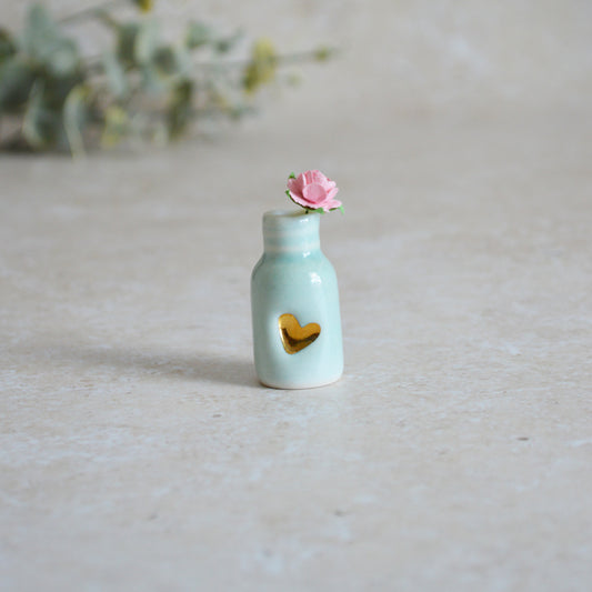 Seconds* Discontinued* Glazed Mini Bottle with an Embossed Gold Heart and a Paper Baby Pink Rose (A23)