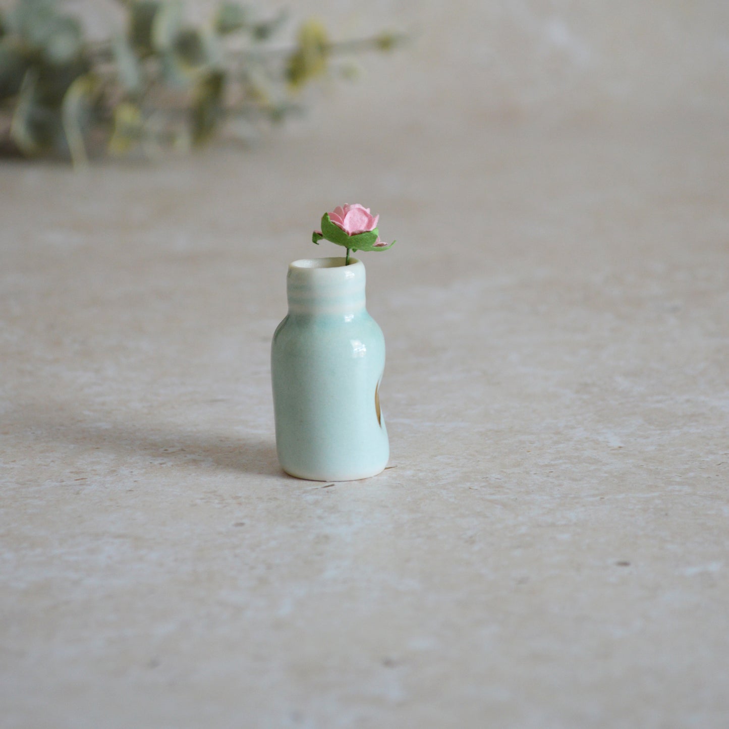 Seconds* Discontinued* Glazed Mini Bottle with an Embossed Gold Heart and a Paper Baby Pink Rose (A23)