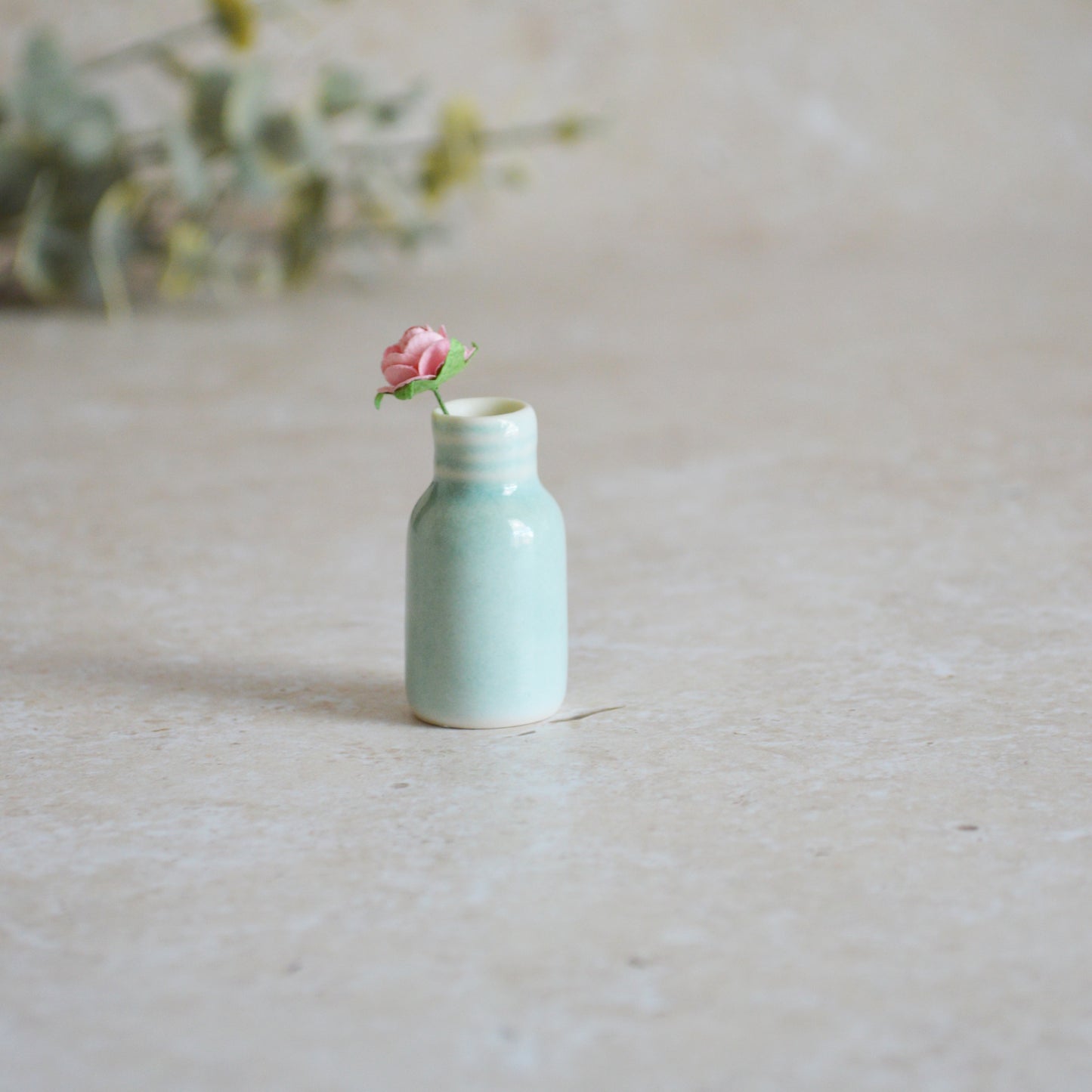 Seconds* Discontinued* Glazed Mini Bottle with an Embossed Gold Heart and a Paper Baby Pink Rose (A23)
