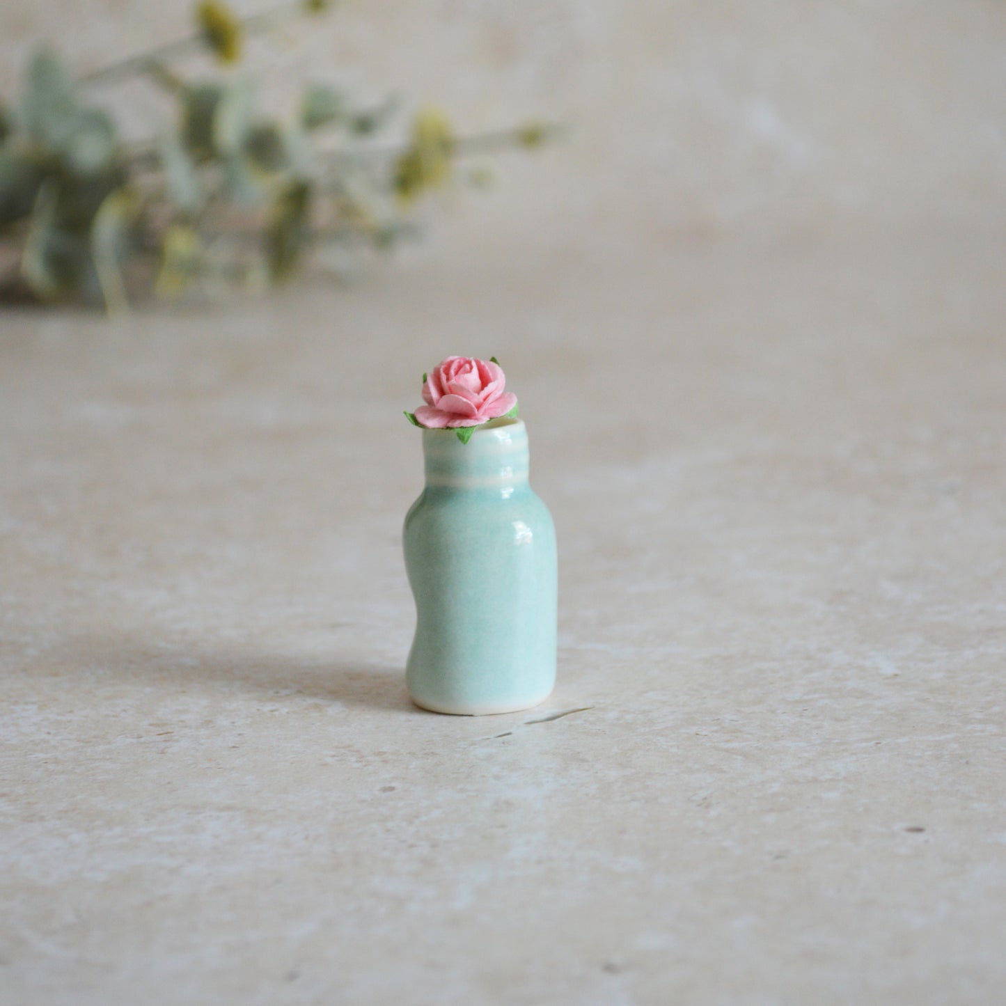 Seconds* Discontinued* Glazed Mini Bottle with an Embossed Gold Heart and a Paper Baby Pink Rose (A23)