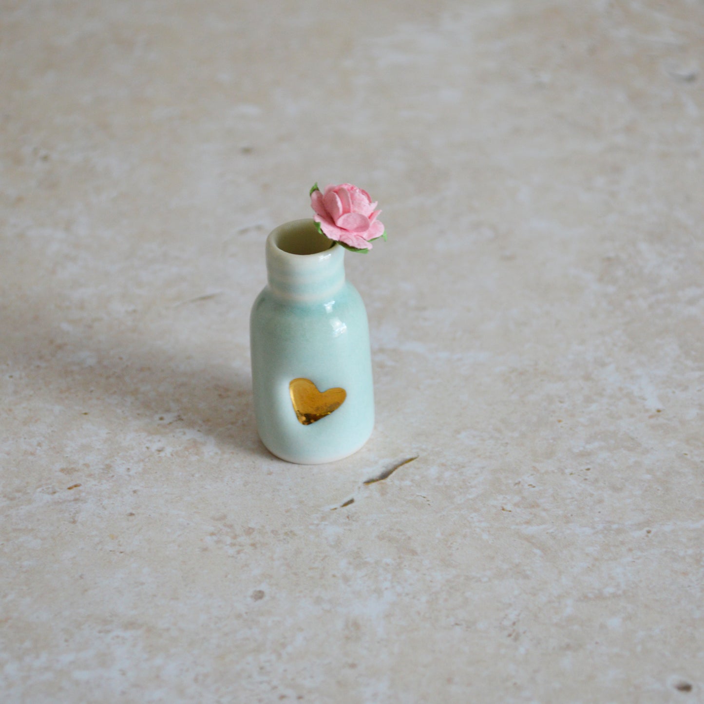 Seconds* Discontinued* Glazed Mini Bottle with an Embossed Gold Heart and a Paper Baby Pink Rose (A23)