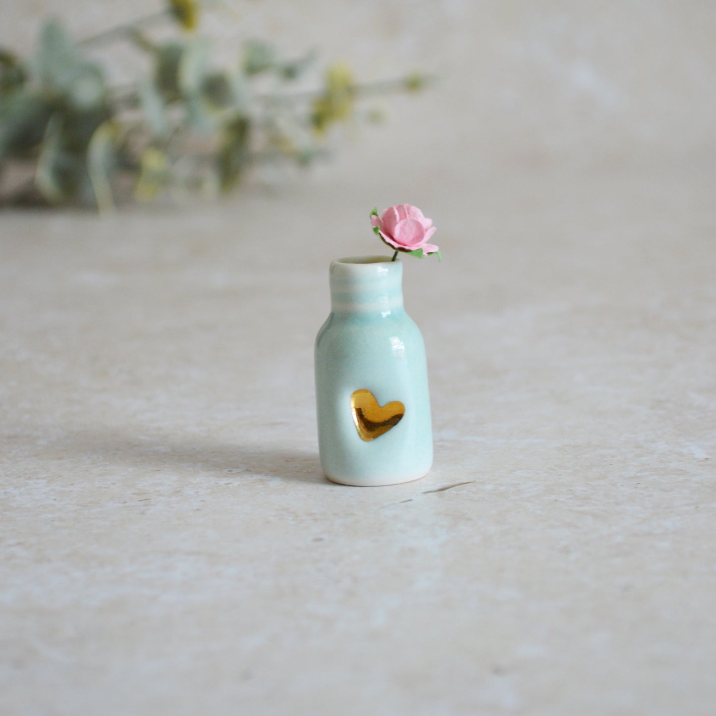 Seconds* Discontinued* Glazed Mini Bottle with an Embossed Gold Heart and a Paper Baby Pink Rose (A23)