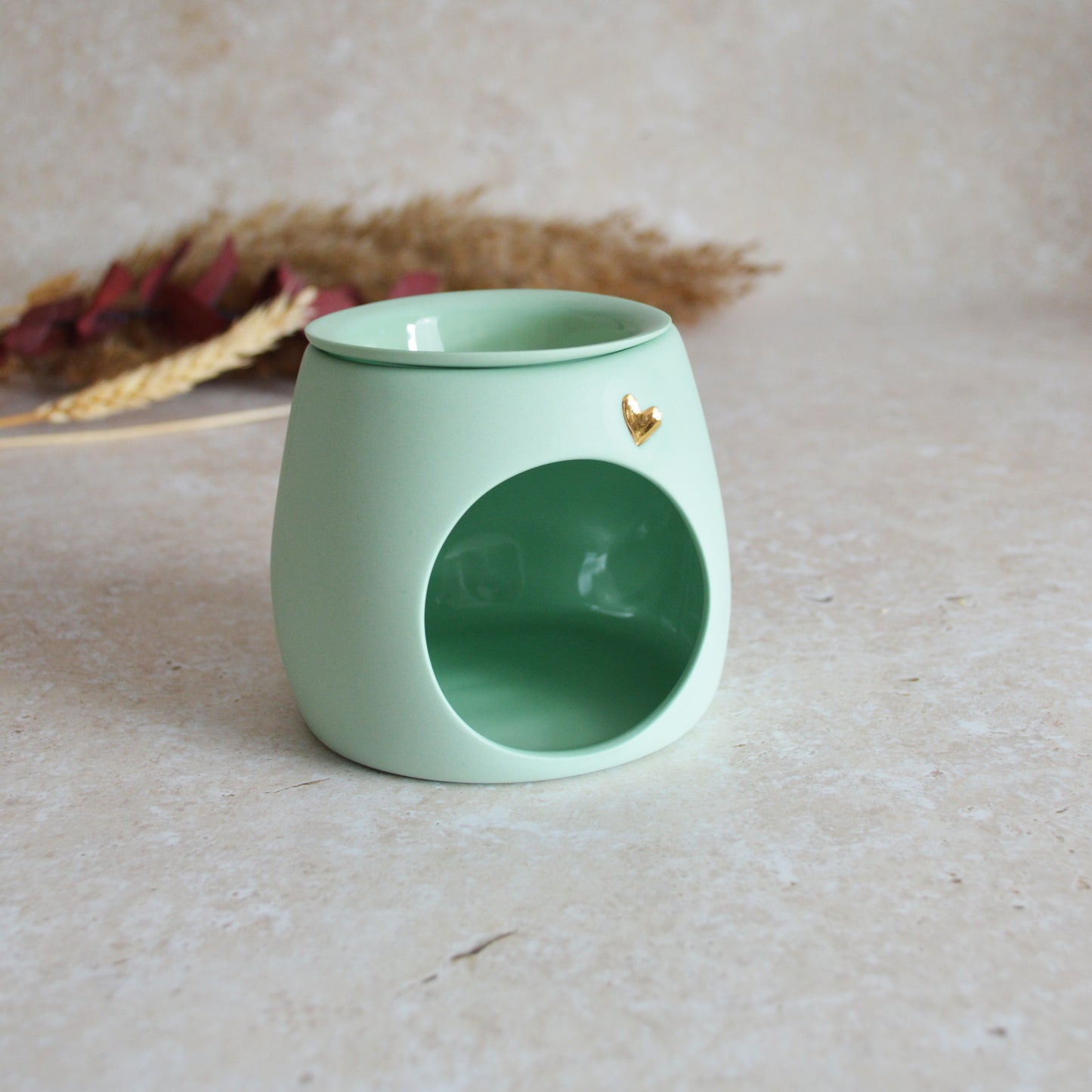 Seconds* Pastel MINT Wax And Oil Burner With A Gold Embossed Heart And Detachable Lid | Wax Burner | Porcelain (A2)