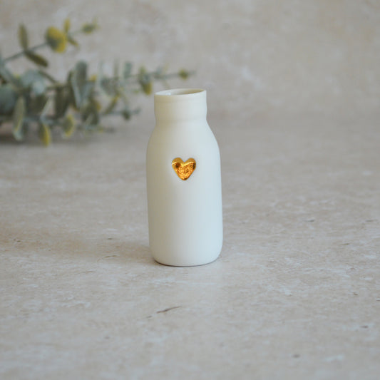 Seconds* SMALL White Bottle Vase With A Gold Embossed Heart | Bottle Vase | Flower Vase | Summer Vase | Mother's Day | Porcelain (A30)