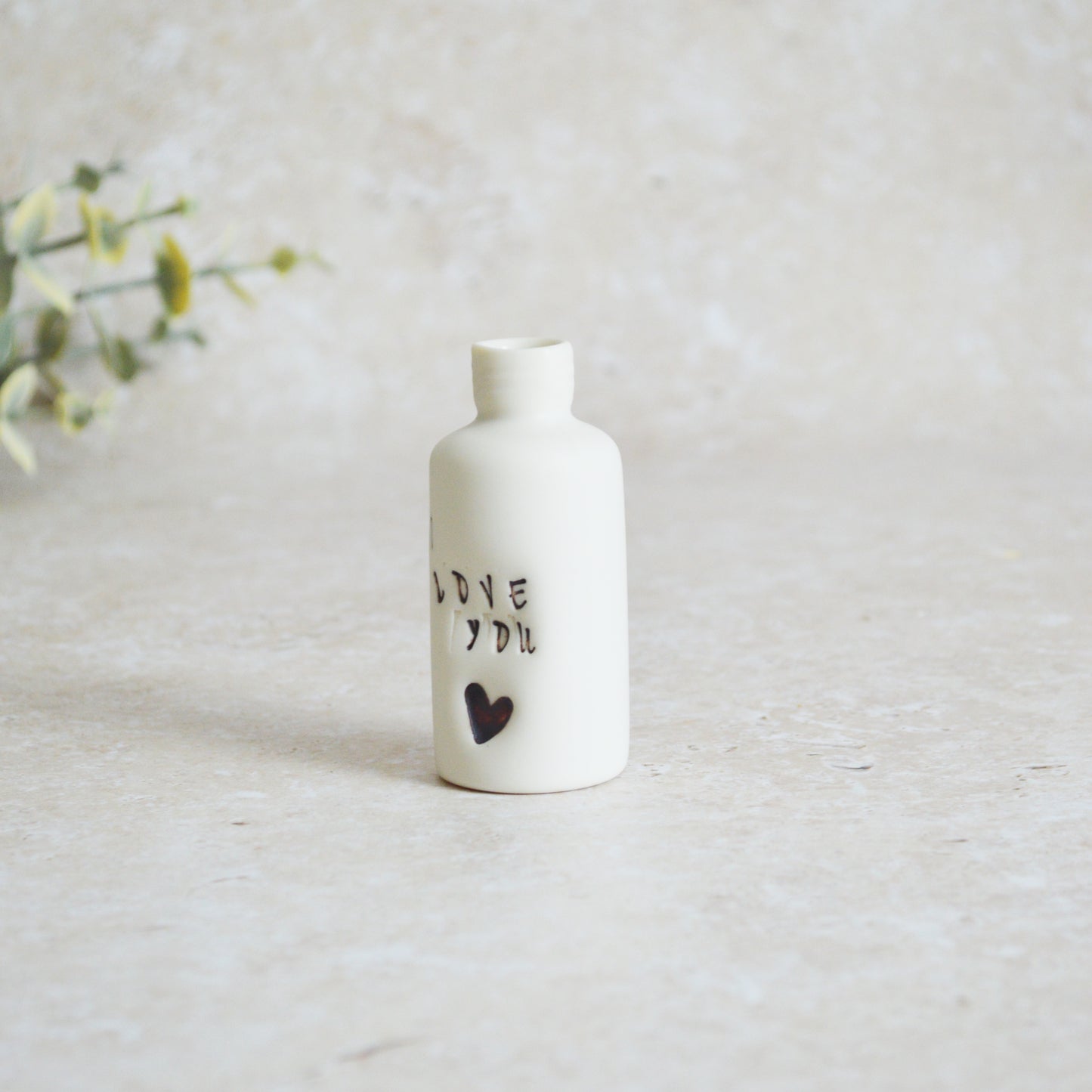 Seconds* Discontinued* I Love You Small Bottle With an Oxide Heart | Porcelain | Valentines Keepsake (A31)