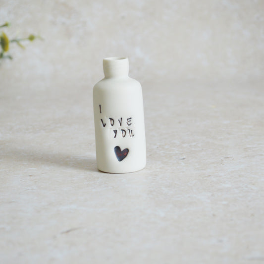 Seconds* Discontinued* I Love You Small Bottle With an Oxide Heart | Porcelain | Valentines Keepsake (A31)
