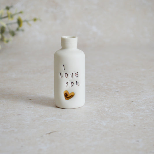 Seconds* Discontinued* I Love You Small Bottle With A Gold Heart | Porcelain | Valentines Keepsake (A32)
