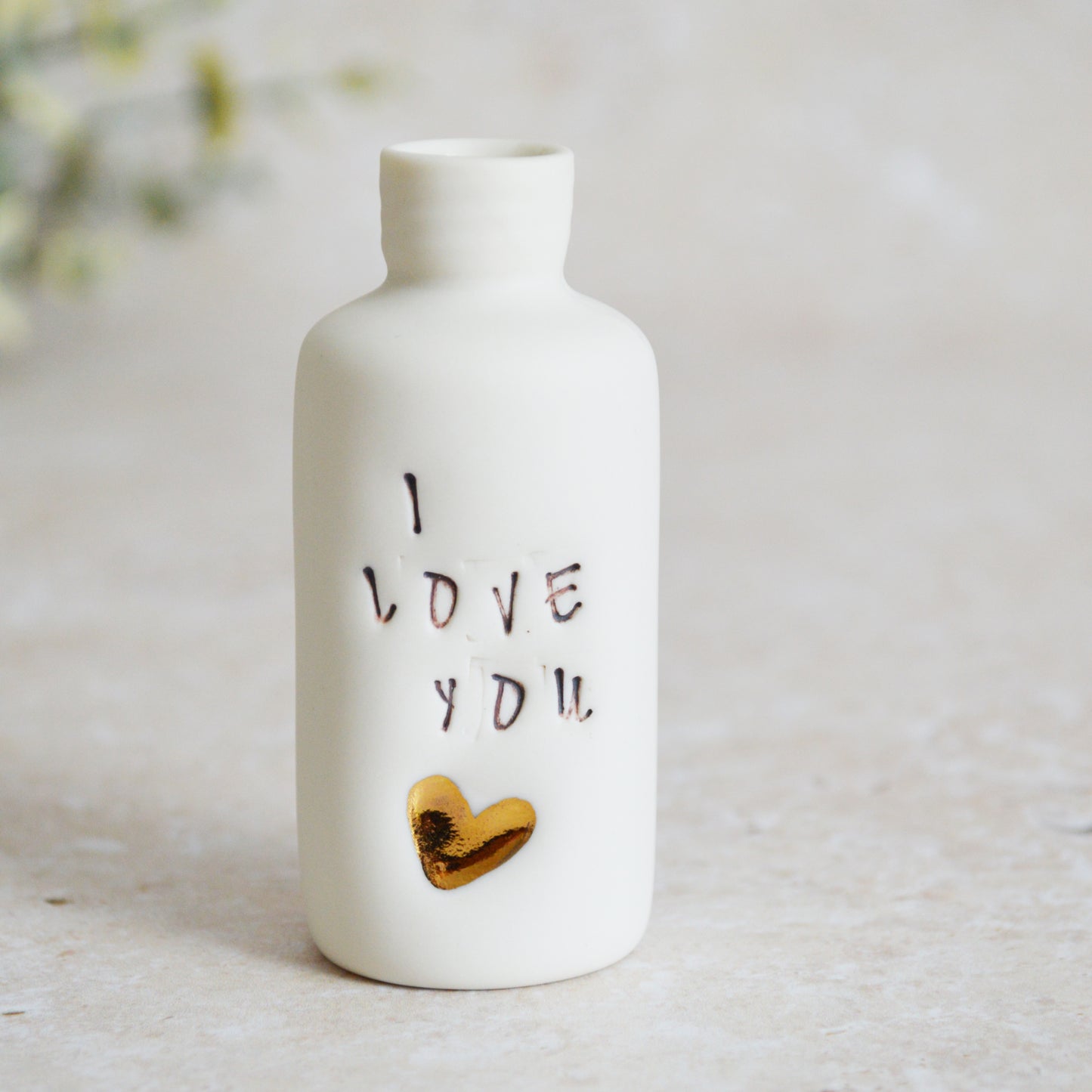 Seconds* Discontinued* I Love You Small Bottle With A Gold Heart | Porcelain | Valentines Keepsake (A32)