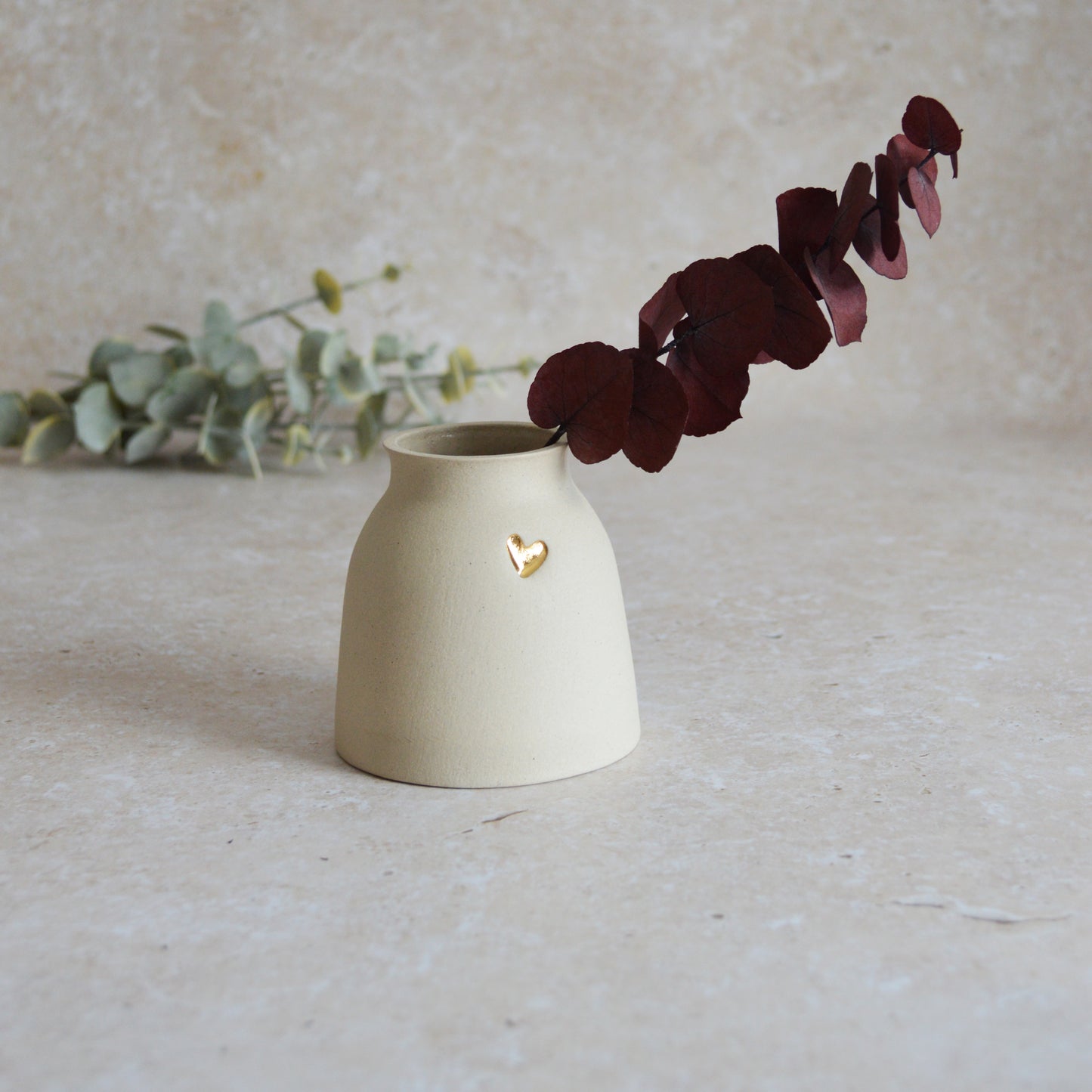 Seconds* Small Light Grey Ceramic Vase With A Gold Embossed Heart | Neutral Vase | Flower Vase | Mother's Day | Stoneware (A33)