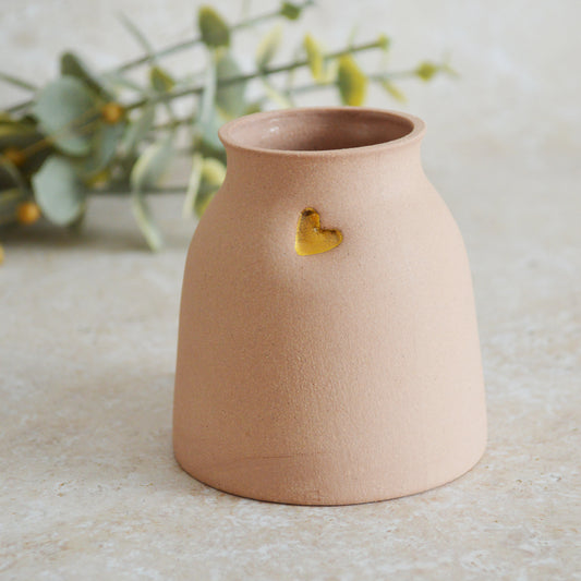 Seconds* Small Pastel Pink Vase With A Gold Embossed Heart | Flower Vase | Small Vase | Stoneware Vase (A35)