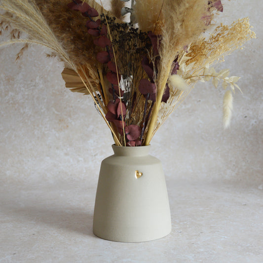 Seconds* Pastel Grey Collard Neck Ceramic Vase With An Embossed Gold Heart | Stoneware Vase | Flower Vase (A36)