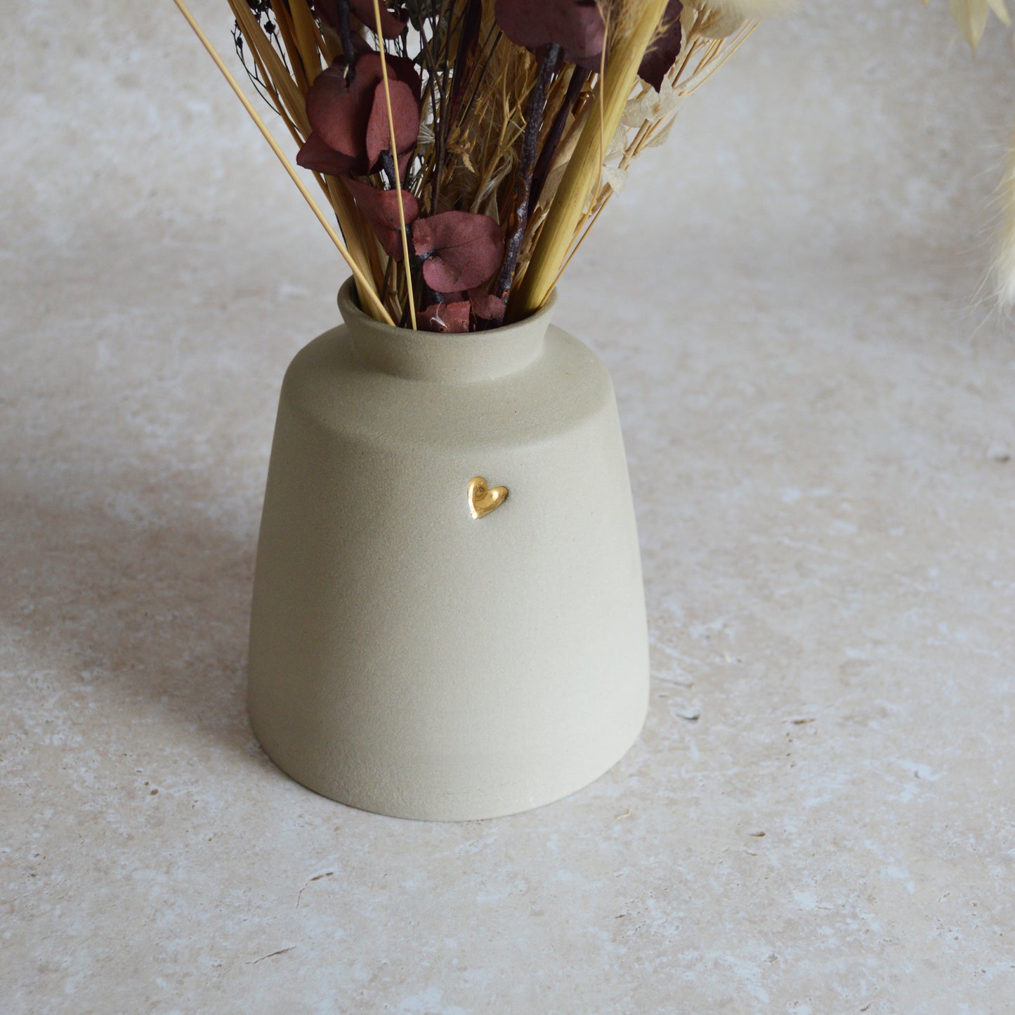 Seconds* Pastel Grey Collard Neck Ceramic Vase With An Embossed Gold Heart | Stoneware Vase | Flower Vase (A36)