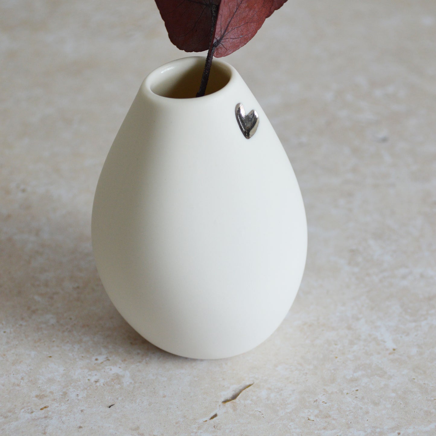 Seconds* Small White Bud Vase with an Embossed Silver Heart | Porcelain | Flower Vase | Mother's Day Vase (A37)