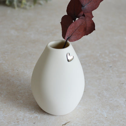 Seconds* Small White Bud Vase with an Embossed Silver Heart | Porcelain | Flower Vase | Mother's Day Vase (A37)