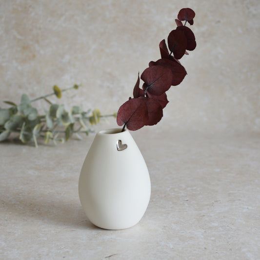 Seconds* Small White Bud Vase with an Embossed Silver Heart | Porcelain | Flower Vase | Mother's Day Vase (A37)