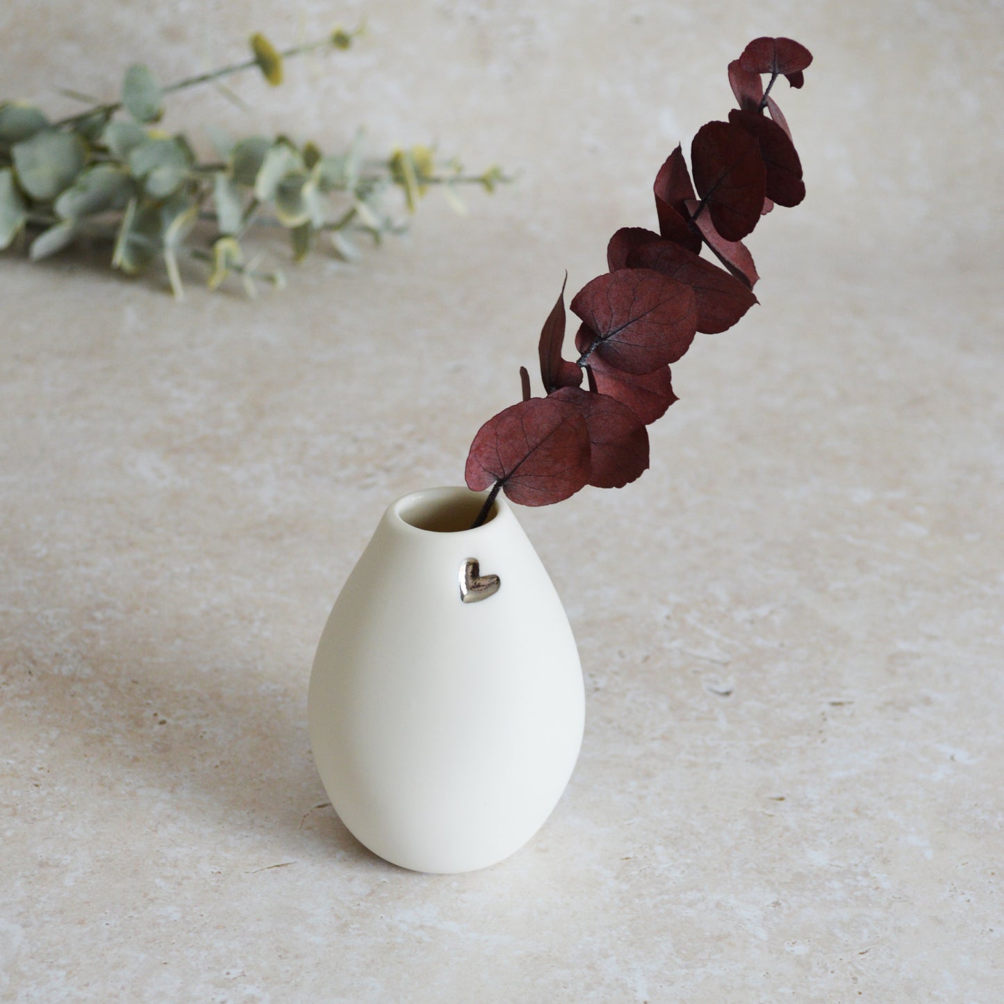 Seconds* Small White Bud Vase with an Embossed Silver Heart | Porcelain | Flower Vase | Mother's Day Vase (A37)