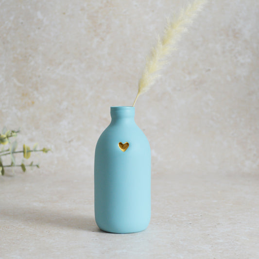 Seconds* Large Pastel Blue Bottle Vase With A Gold Embossed Heart | Flower Vase | Porcelain Vase (A38)