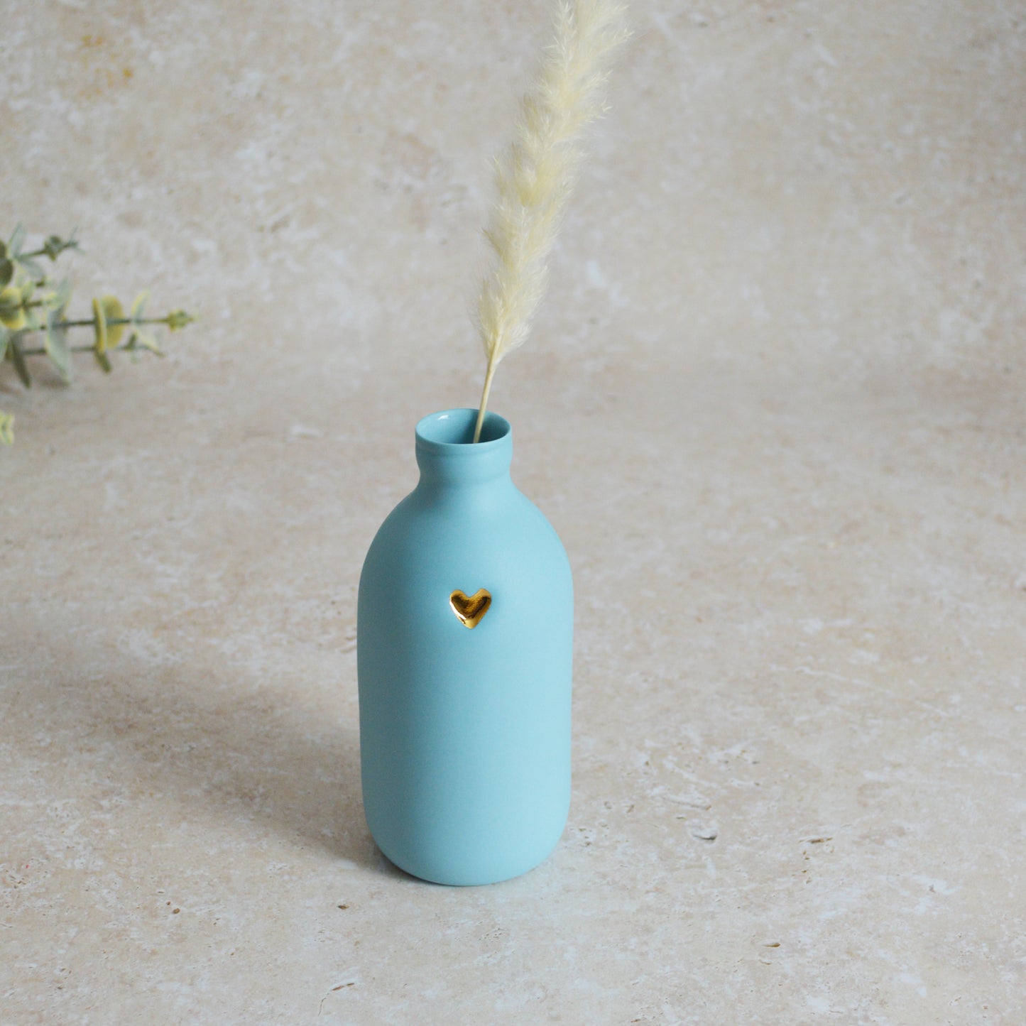 Seconds* Large Pastel Blue Bottle Vase With A Gold Embossed Heart | Flower Vase | Porcelain Vase (A38)