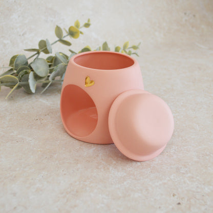 Seconds* Pastel PINK Wax And Oil Burner With A Gold Embossed Heart And Detachable Lid | Wax Burner | Porcelain (A39)
