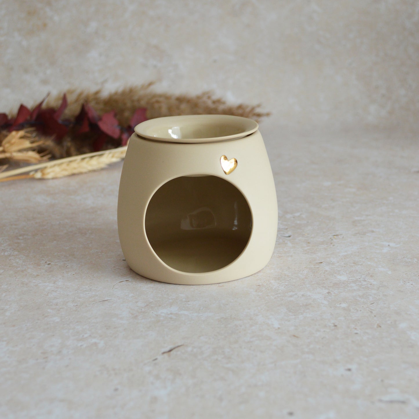 Seconds* Pastel BEIGE Wax And Oil Burner With A Gold Embossed Heart And Detachable Lid | Wax Burner | Porcelain (A3)