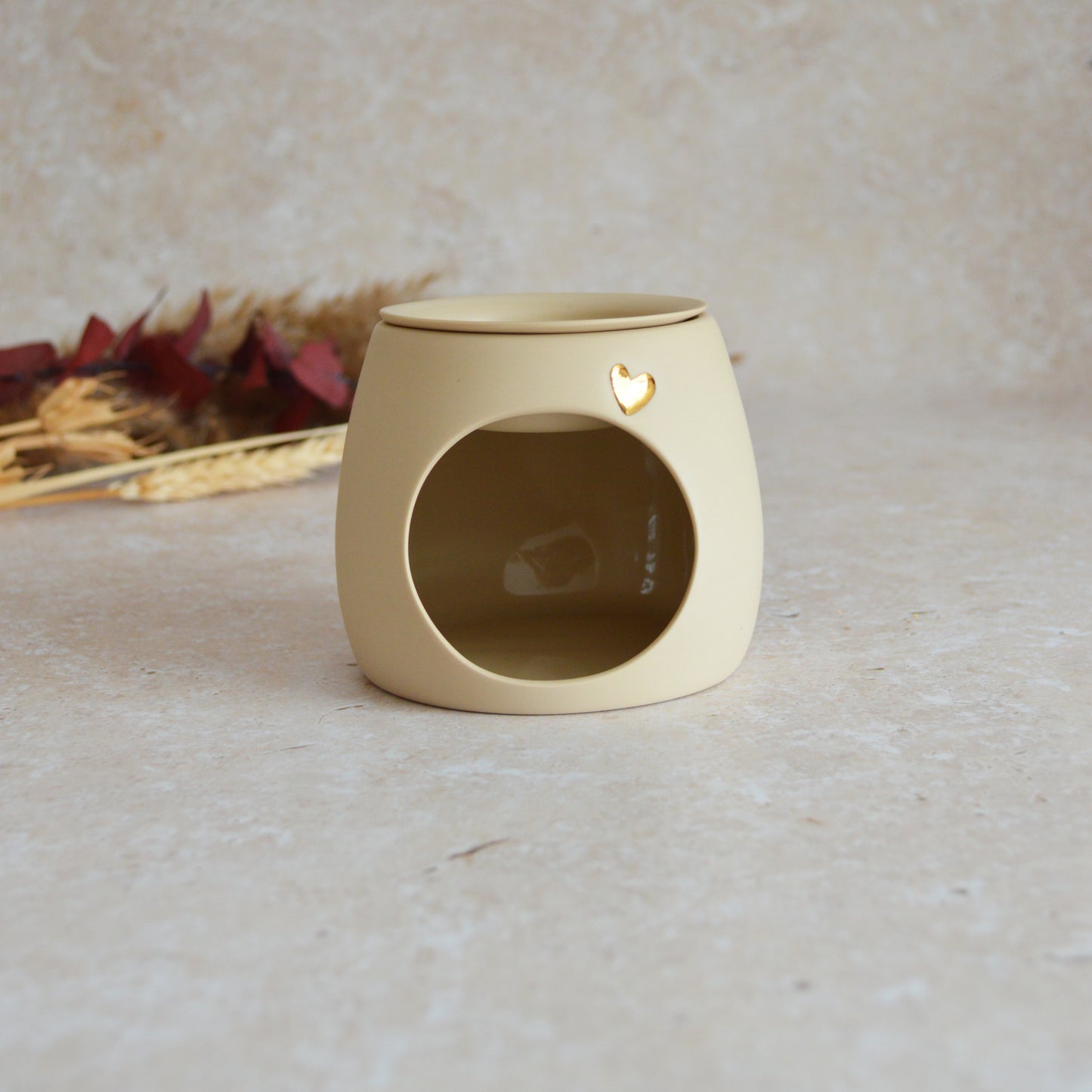Seconds* Pastel BEIGE Wax And Oil Burner With A Gold Embossed Heart And Detachable Lid | Wax Burner | Porcelain (A3)