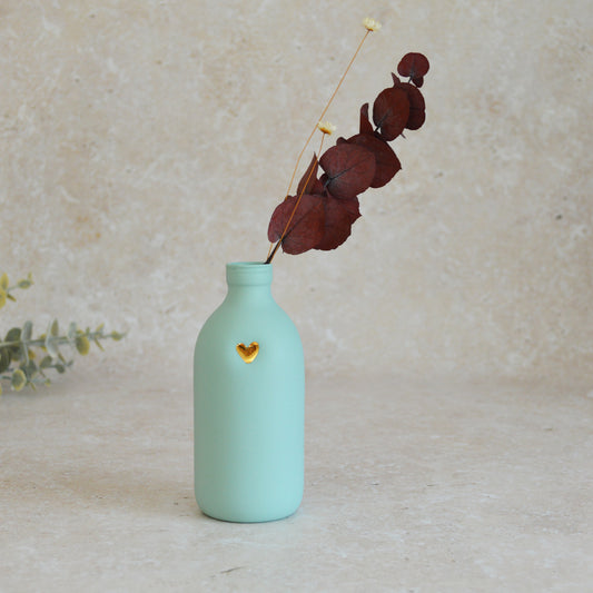 Seconds* Large Pastel Mint Bottle Vase With A Gold Embossed Heart | Flower Vase | Porcelain Vase (A40)