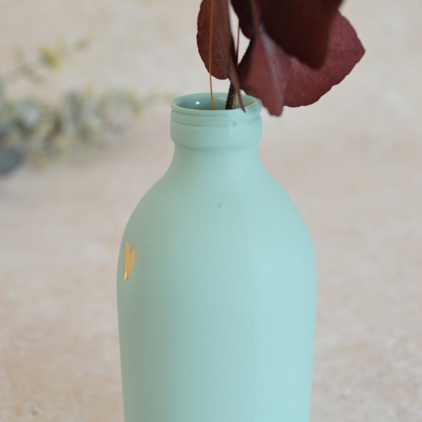 Seconds* Large Pastel Mint Bottle Vase With A Gold Embossed Heart | Flower Vase | Porcelain Vase (A40)