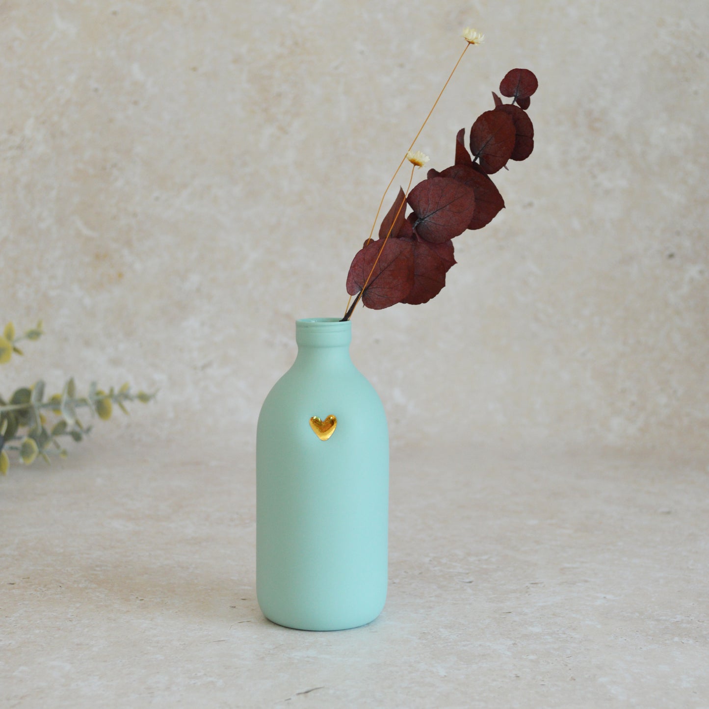 Seconds* Large Pastel Mint Bottle Vase With A Gold Embossed Heart | Flower Vase | Porcelain Vase (A40)