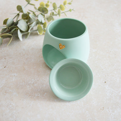 Seconds* Pastel MINT Wax And Oil Burner With A Gold Embossed Heart And Detachable Lid | Wax Burner | Porcelain (A42)