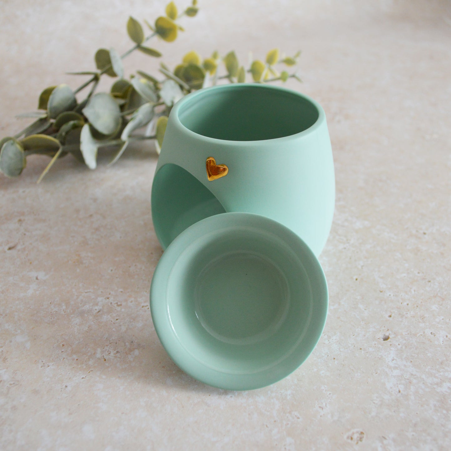 Seconds* Pastel MINT Wax And Oil Burner With A Gold Embossed Heart And Detachable Lid | Wax Burner | Porcelain (A42)