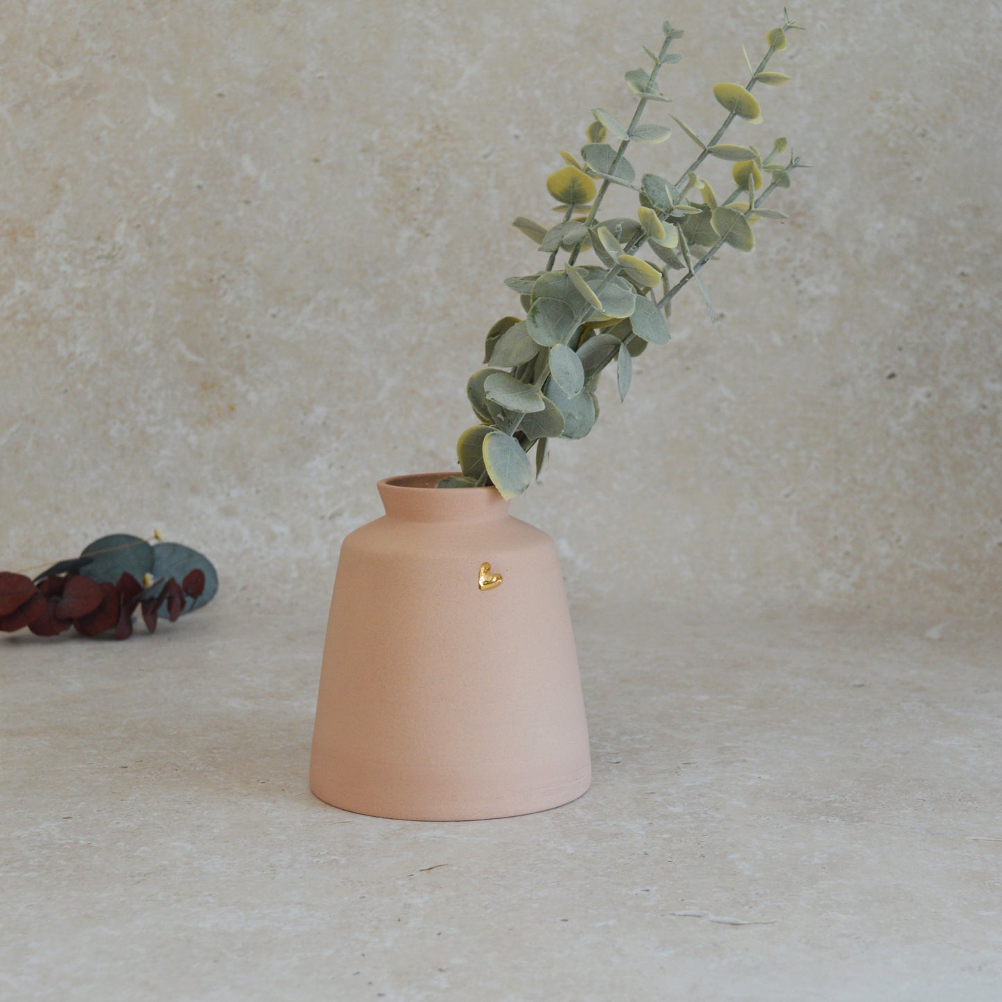 Seconds* Pastel Pink Collard Neck Ceramic Vase With A Gold Embossed Heart | Stoneware Vase | Flower Vase (A43)