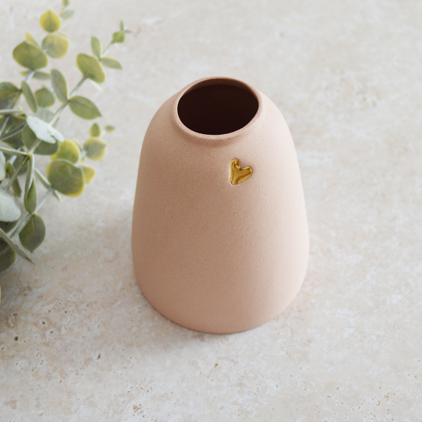 Seconds* Discontinued* Pastel Pink Ceramic Vase With A Short Rim And An Embossed Gold Heart | Pretty Pink Decor | Mother's Day Vase | Stoneware  (A44)